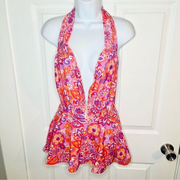 Unique Vintage Boho Floral Skirted Swimsuit Plunging Neckline Pink Orange S NWT - Picture 5 of 13